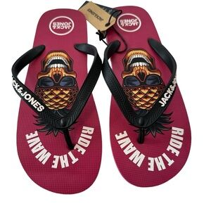 JACK & JONES Mens Logo Flip Flops Sandals Black Summer Beach Shoes Size 9/10 New